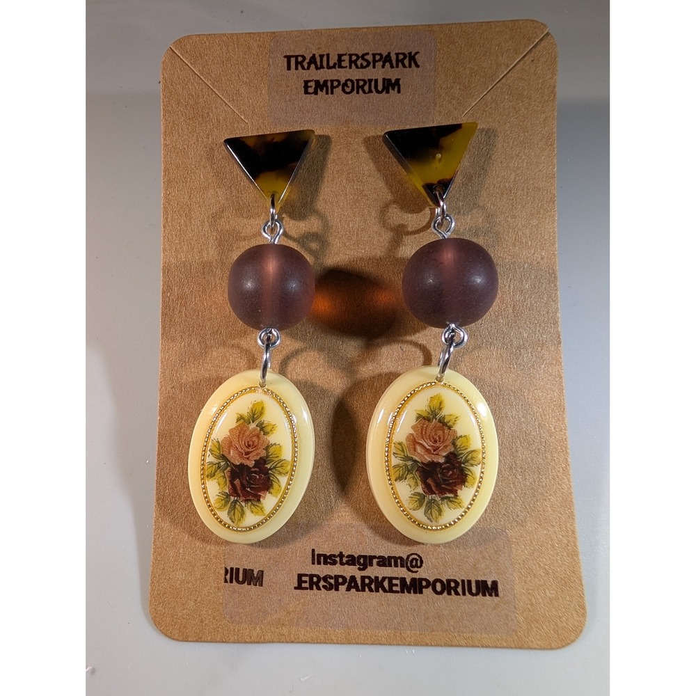 Trailerspark Emporium Floral Rose Resin Drop Earrings Tortoiseshell Nickel Free